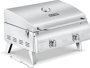 Portable Stainless Steel Gas Grill - 2 Burners Easy Clean Tabletop BBQ Propane Gas Grill with Foldable Legs and Wind Proof Lid for Camping and Outdoor - Silver