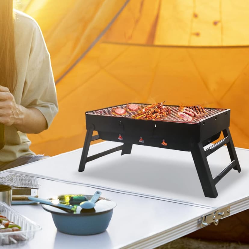 Portable Charcoal Grill for Camping Small Tabletop BBQ Grill for Picnic Trip Foldable Lightweight Barbeque Grill Set Including Tongs Skewers Basting Brush