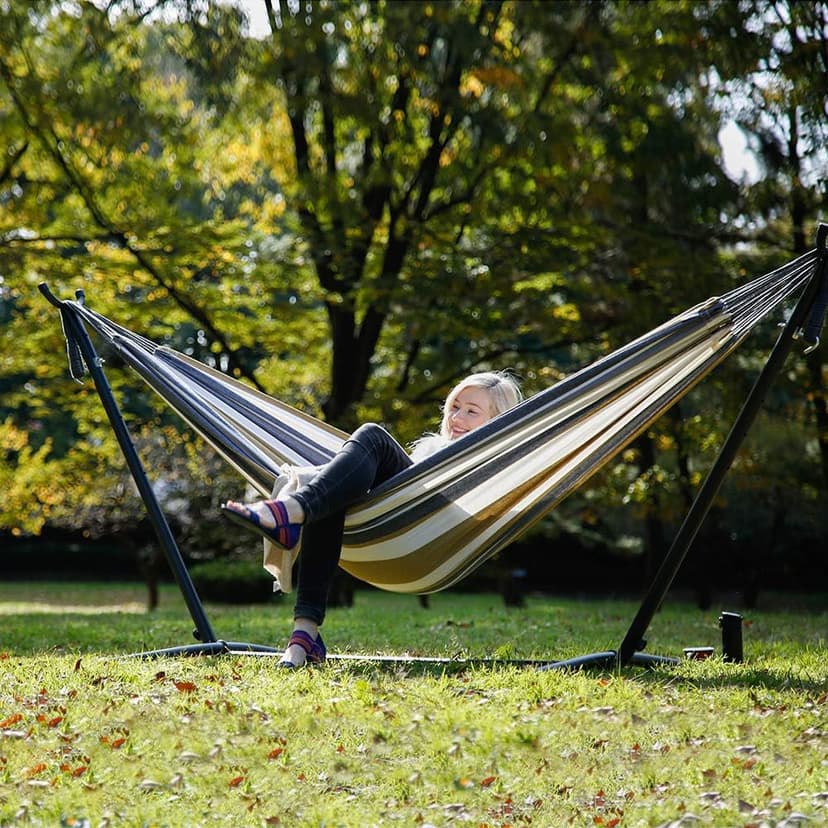Vivere Double Cotton Hammock with Space Saving Steel Stand, Upgraded Polyester End Strings 450 lb Capacity - Premium Carry Bag Included - USA Grown Cotton (Desert Moon)