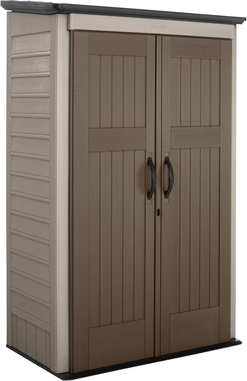 Rubbermaid Vertical Resin Outdoor Storage Shed, With Floor (4 x 2.5 Ft), Weather Resistant, Brown, Organization for Home/Backyard/Garden Tools/Porch/Patio Cushions/Pool Chemicals/Toys