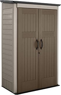 Rubbermaid Vertical Resin Outdoor Storage Shed, With Floor (4 x 2.5 Ft), Weather Resistant, Brown, Organization for Home/Backyard/Garden Tools/Porch/Patio Cushions/Pool Chemicals/Toys