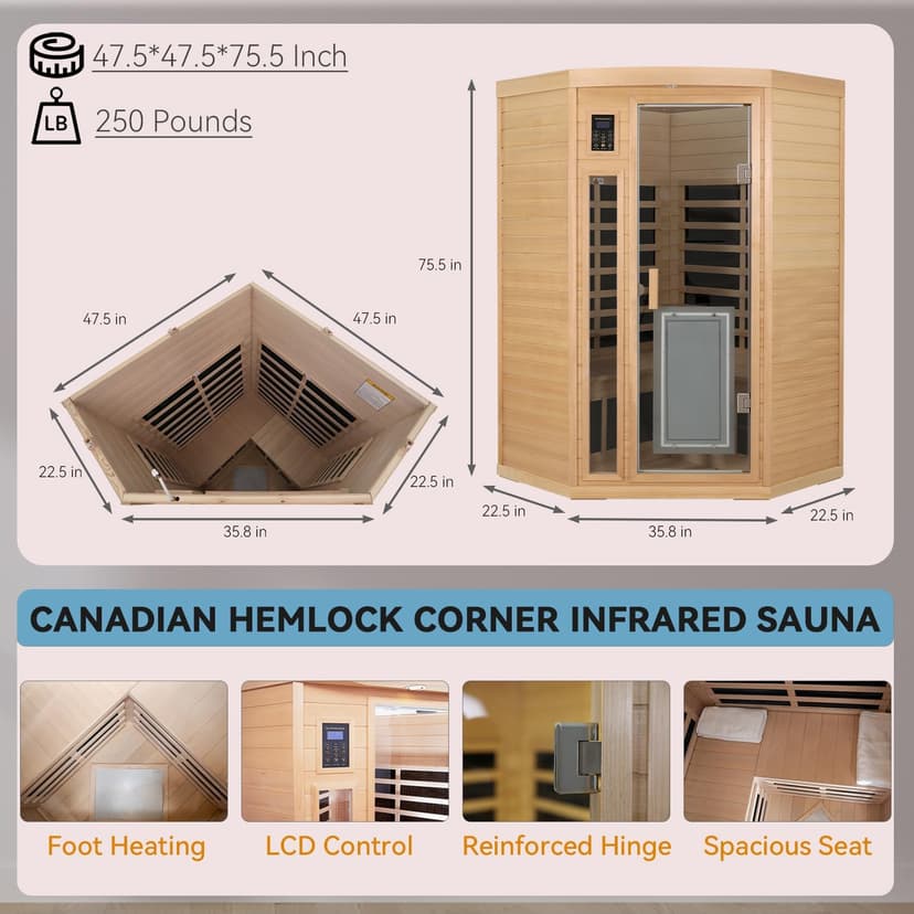 2-3 Person Corner Sauna, Infrared Saunas for Home, Chromotherapy, Canadian Hemlock Sauna, Indoor Sauna with Red Light Therapy