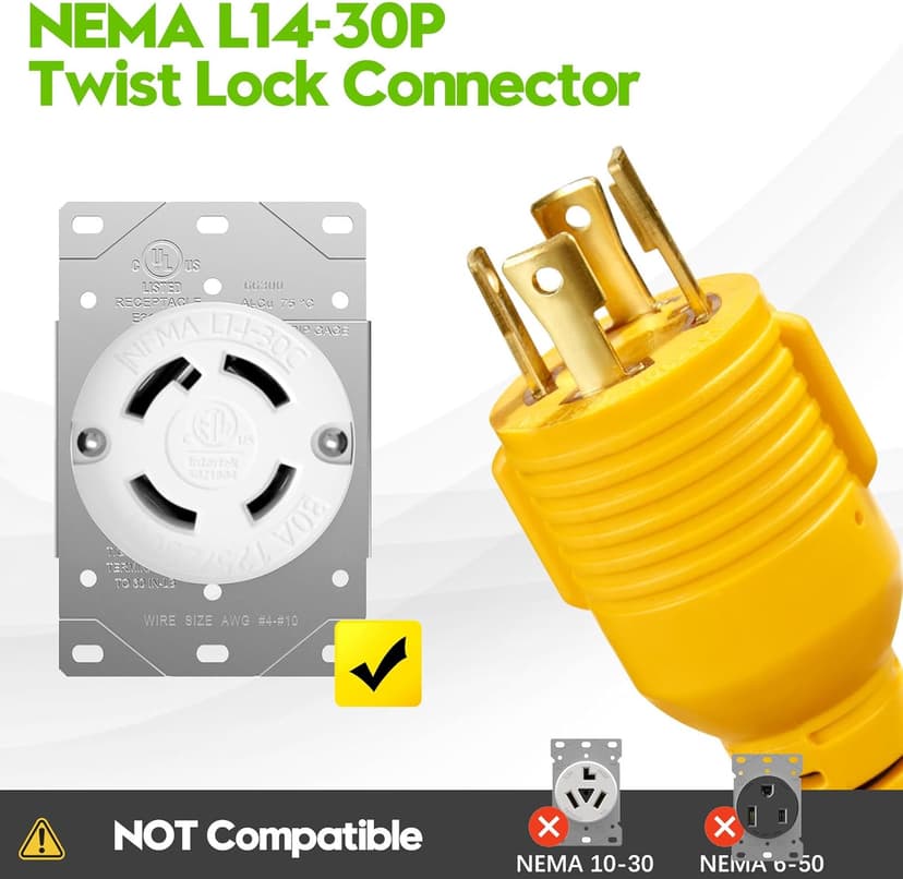 30 Amp to 20 Amp 110 Generator RV Adapter Cord, NEMA L14-30P to 4X 5-15R/5-20R Generator Distribution Adapter 4 Prong 30 Amp to 15 Amp/20Amp with Lighted End STW 10 AGW 1FT