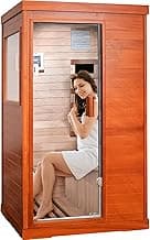 Sauna, Far Infrared Saunas for Home 1 Person Wood Sauna Okoume 800W/110V Low Emf Dry Sauna Indoor Sauna Room with Tempered Glass Door/Speakers/Air Hole and LED Lighting - 35.2*27.6*61.6 IN