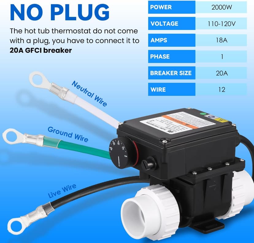 Mxmoonant 2KW 110V Hot Tub Thermostat, Spa Heater Whirlpool Bathtub Thermostat with Adjustable Temp Control for 400Gals Bathtub, Hot Tub, Spa, Small Pool (No Plug)