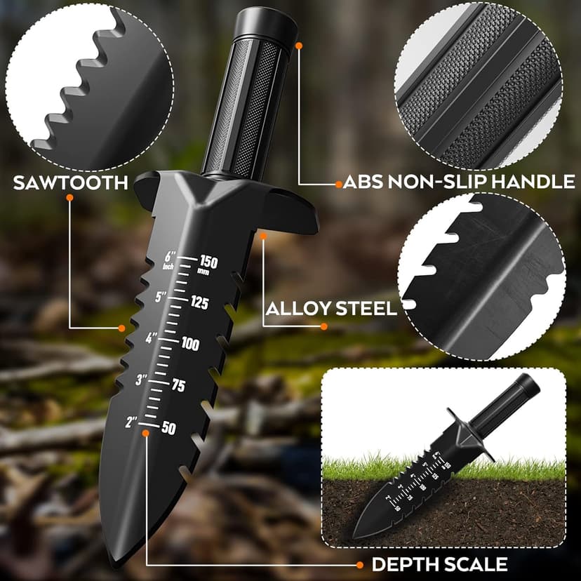 INCLY Metal Detector Shovel, Heavy Duty Double Serrated Edge Digger, Detecting Digging Tool with Sheath for Belt Mount, Gardening & Detecting Accessories for Metal Detection Digging Weeding Planting