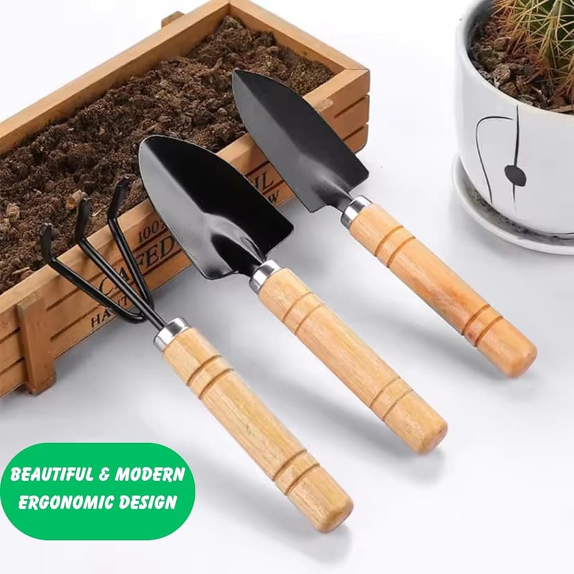 Indoor Garden Tool Set - Minature Steel Gardening Hand Tools Kit with Ergonomic Wooden Handles | Includes Trowel, Transplanter, Cultivator | Perfect Gardening Tool Set for Indoors and Small Projects