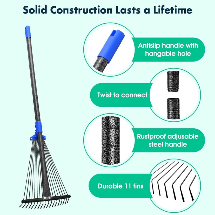 Garden Rake, Leaf Rake with Expandable Head from 9.5 inch to 17 inch, Collapsible Lawn Rakes with 53 Inch Adjustable Handle, Heavy Duty Metal Rakes for Lawn Yard, Flower Beds