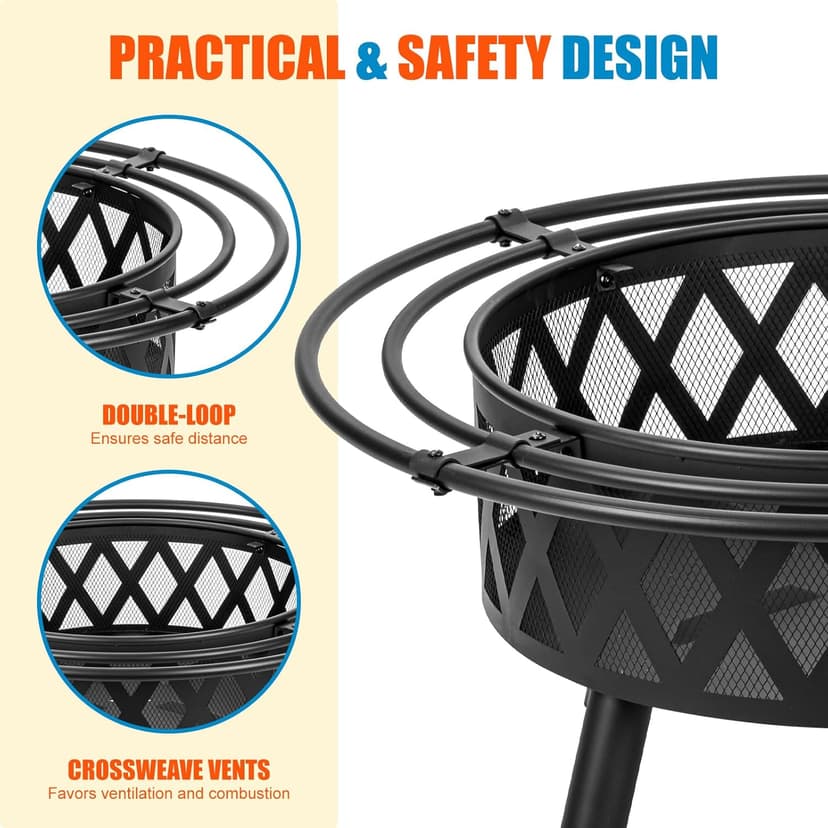 36 Inch Wood Burning Fire Pit with 2 Loops, Outdoor Fire Pit with Spark Screen & Fire Poker, Cross Weave Firepit for Outside Fireplace Bonfire for Yard,Patio, Garden…
