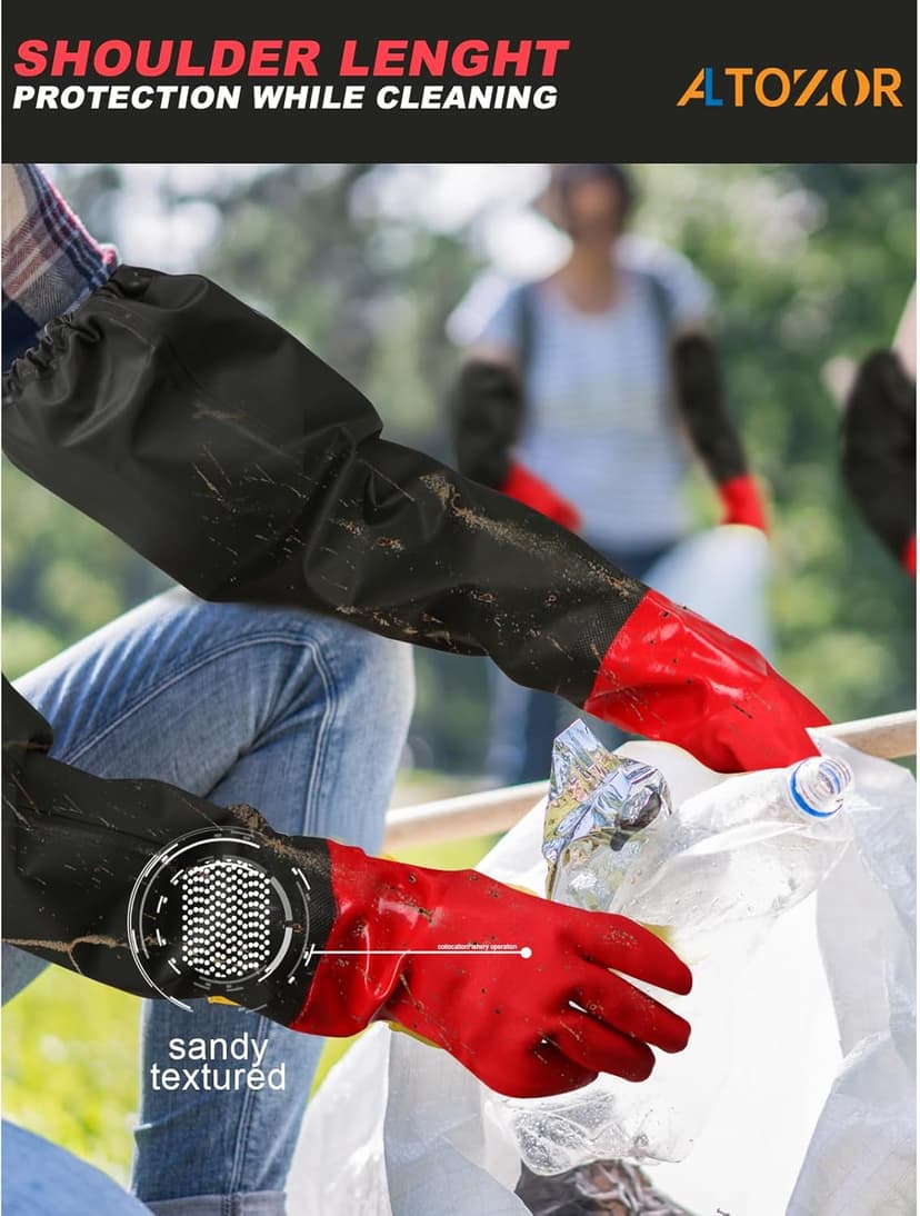 25" Extra-Long Waterproof Gloves with Cotton Liner - Heavy Duty, Aquarium & Pond Cleaning, Seafood Working