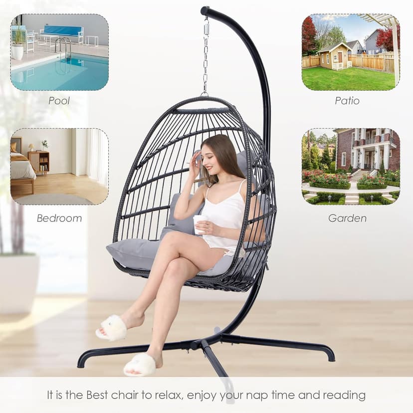 NICESOUL Swing Egg Chair Outdoor Indoor, Patio Wicker Hanging Egg Chairs with Stand, Swinging Hammock with Padded Cushions, 350lbs Sturdy Egg-Shaped Seating for Porch Bedroom Balcony Xmas Gift, Grey