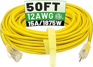 50 ft 12/3 Outdoor Extension Cord Waterproof Heavy Duty with Lighted Indicator End 12 Gauge 3 Prong, Flexible Cold-Resistant Long Power Cord Outside, 15Amp 1875W SJTW Yellow ETL Listed