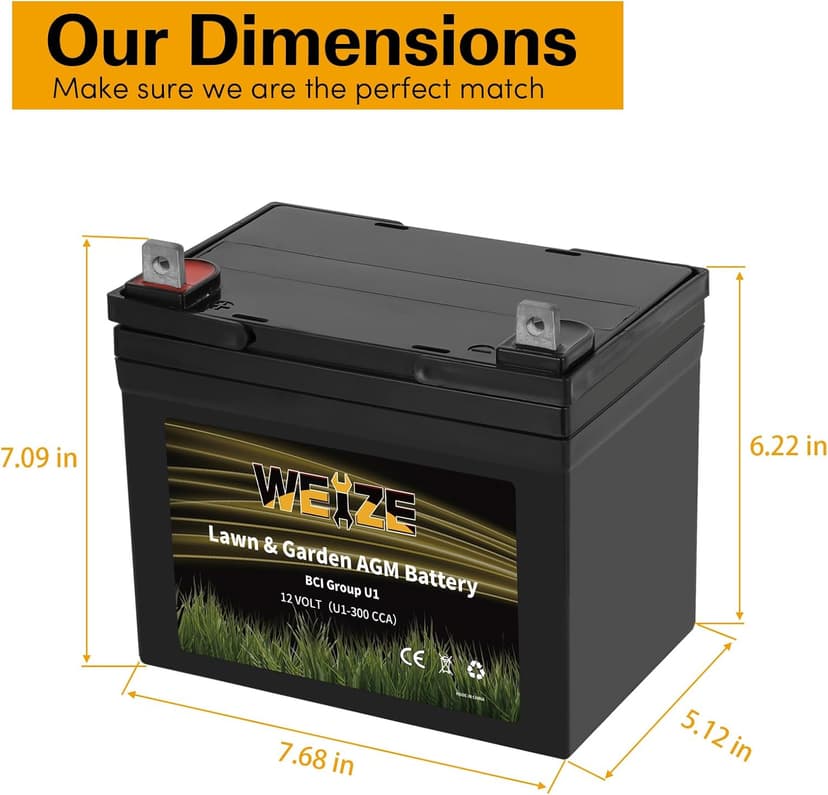 WEIZE Lawn Garden AGM Battery, 12V 300CCA BCI Group U1 SLA Starting Battery for Lawn, Tractors and Mowers, Compatible with John Deere, Toro, Cub Cadet, and Craftsman
