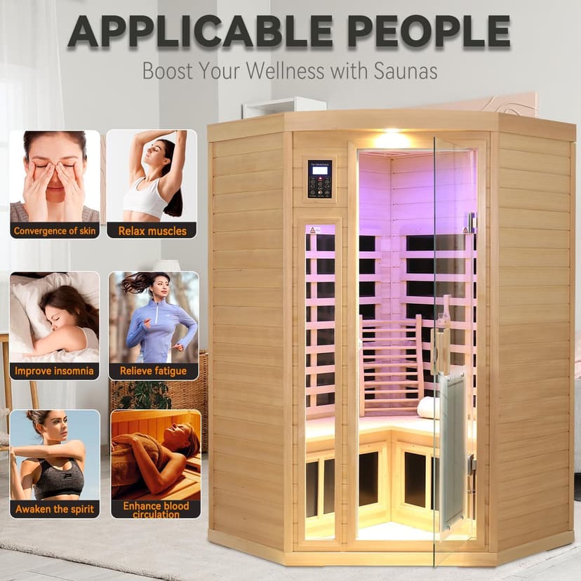 2-3 Person Corner Sauna, Infrared Saunas for Home, Chromotherapy, Canadian Hemlock Sauna, Indoor Sauna with Red Light Therapy