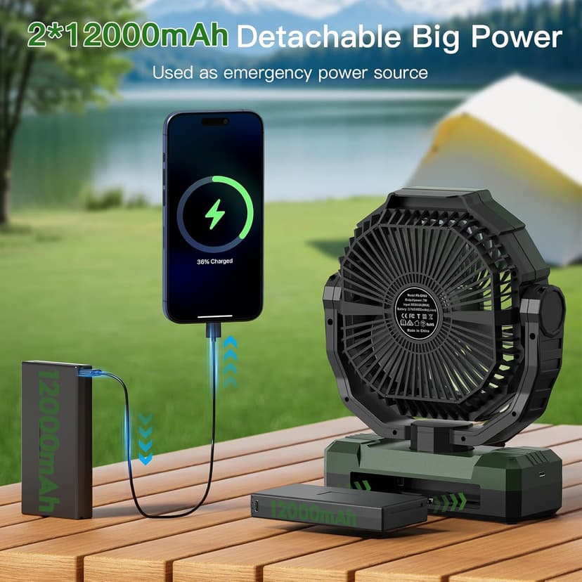 FRIZCOL 3-in-1 Camping Fan - Portable Fans Rechargeable - 24000mAh 9-Inch Battery Powered Fan(140Hrs) with Light & Remote for Indoor, Outdoor, Tent, Travel, BBQ, Fishing, Jobsite - Green