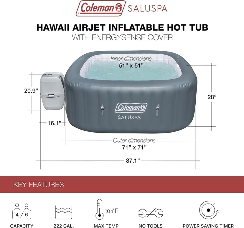 Coleman Hawaii AirJet Large Square 4 to 6 Person Inflatable Hot Tub Portable Outdoor Spa with 140 AirJets and EnergySense Cover, Grey
