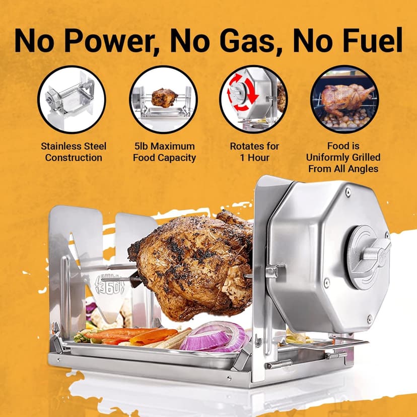 Cordless Universal Rotisserie Kit for Grills Ovens and Smokers - Non-Electric Wind-up Spit Roaster, Gas or Charcoal BBQ - Indoor/Outdoor (Stainless Steel)