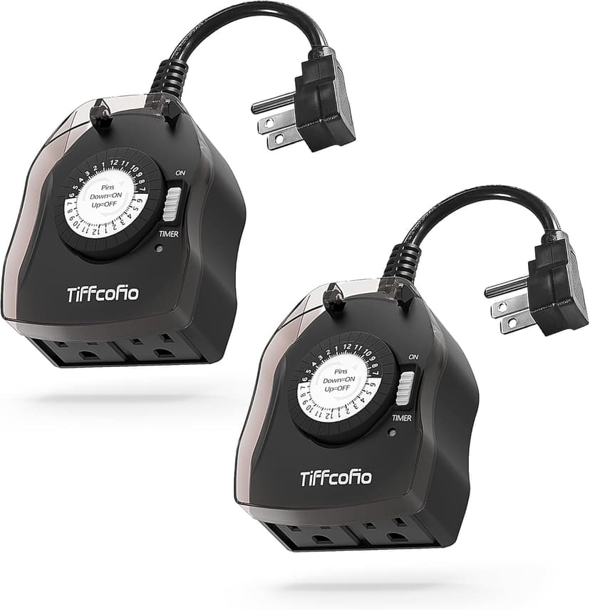 TiFFCOFiO Outdoor Timers Waterproof, 24 Hour Mechanical Outdoor Timer for Lights, Outdoor Outlet Timer, 2 Grounded Outlets for Yard and Garden, 15A 1/2HP, CSA Listed, 2 Pack