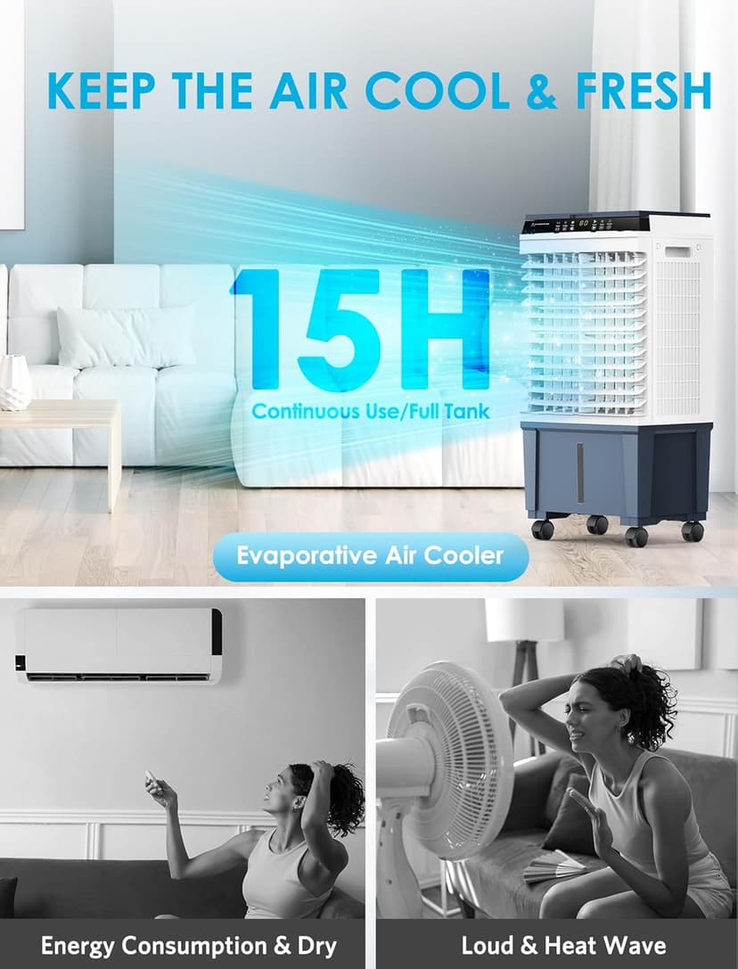 Air Choice Portable Evaporative Air Cooler, 1800 CFM Swamp Cooler with 6 Ice Box & 5.3 Gal Water Tank, 110° Swing, 3 Speeds, Upgraded Remote, 12H Timer, 3-in-1 Air Cooling Fan for Outdoor Indoor, Gray
