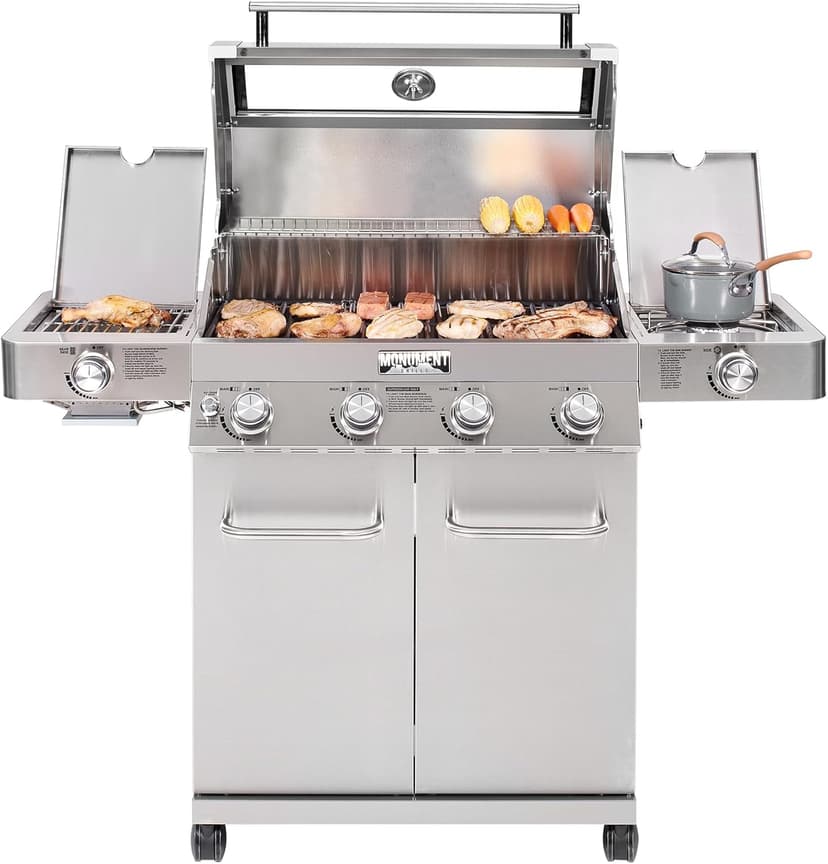 Monument Grills Larger 4-Burner Propane Gas Grills Stainless Steel Cabinet Style with Clearview® Lid, Knob Controls, Built-In Thermometer, Infrared Side Sear Burners & Side Burners