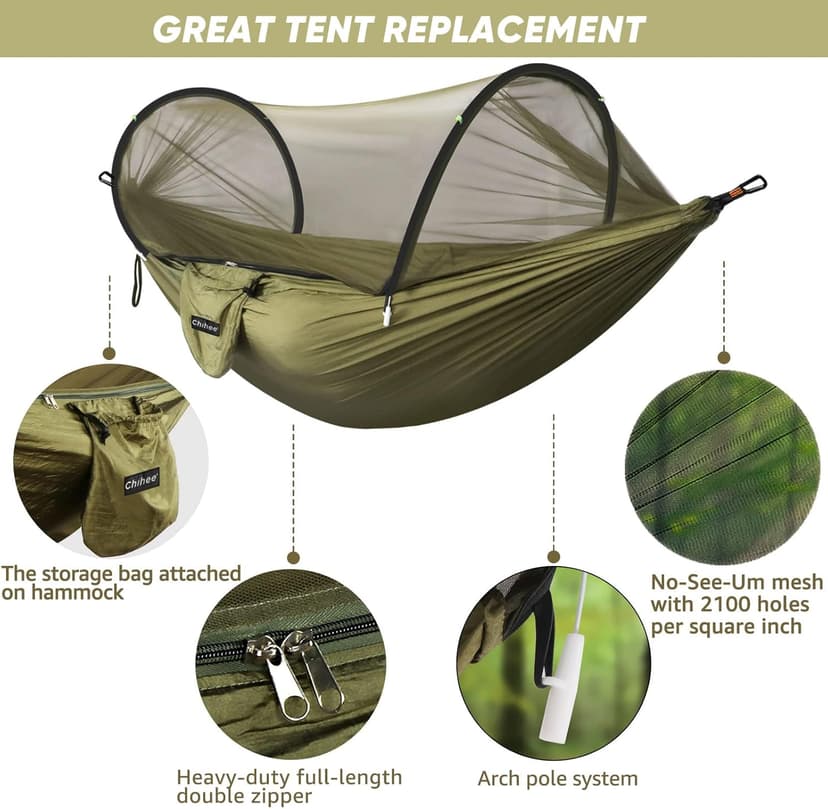 Chihee Ultra-Light Travel Camping Hammock Pop-up Net Hammock 660lbs Load Capacity,Breathable,Quick-Drying Parachute Nylon 2 Premium Carabiners,2 Tree Slings Included for Outdoor Backpacking Hiking