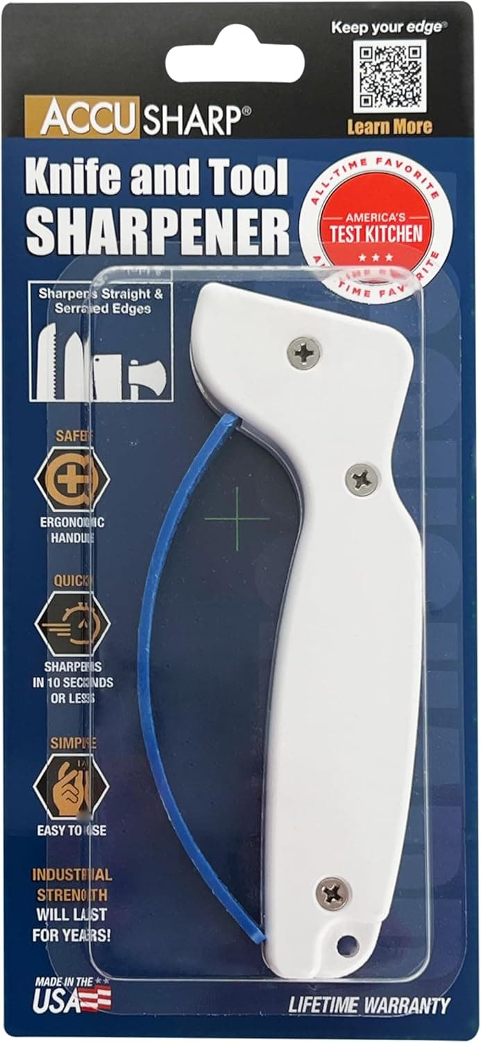 AccuSharp Knife Sharpener, Ergonomic Comfortable Handle, Compact & Easy to Use, Restore and Hone Straight & Serrated Knives, White