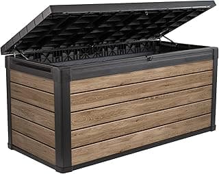Keter Signature Collection 150 Gallon Resin Deck Box Organization and Storage Box for Patio Outdoor Cushions, Throw Pillows, Garden Tools and Pool Supplies, Ashwood