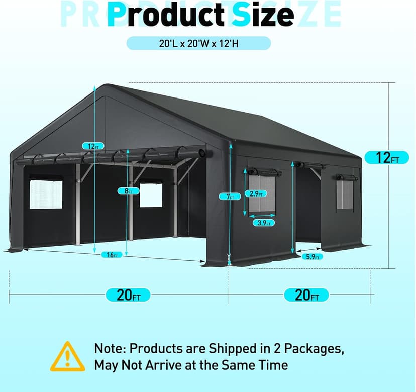 Bepatio Carport, 2 Car 20 x 20 Heavy Duty Metal Carport, Extra Large Car Port with Side-Opening Doors & Roll-Up Windows, All Weather Outdoor Portable Garage