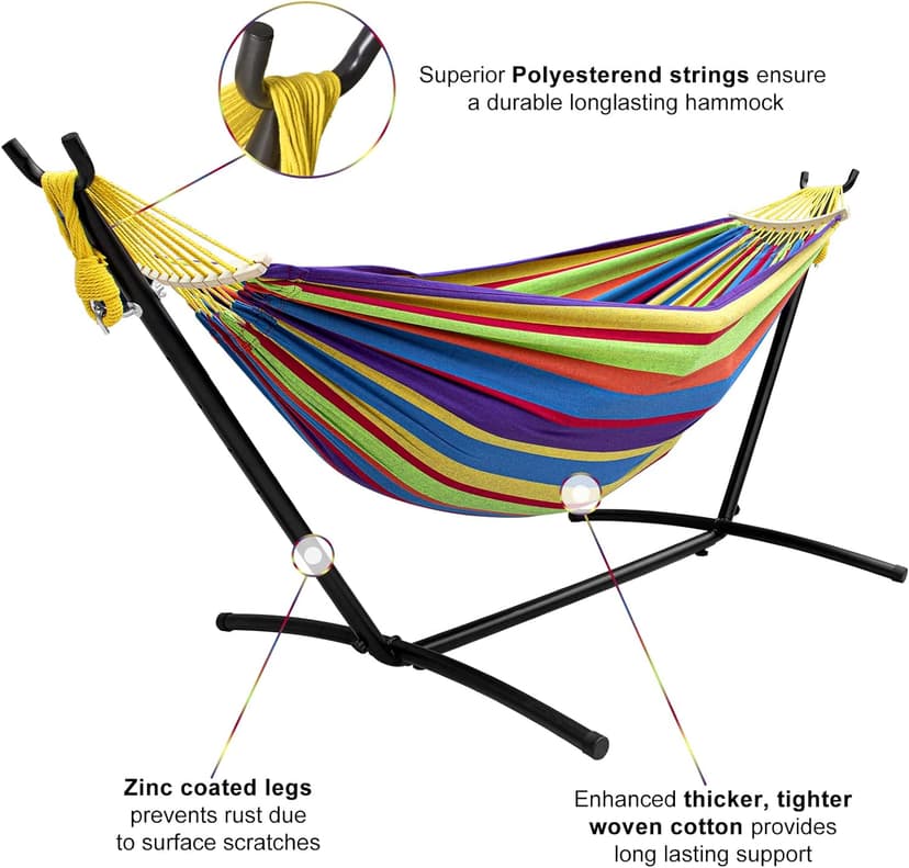 SZHLUX Double Hammock with Stand Included 450lb Capacity Steel Stand, Premium Carry Bag Included and Two Anti Roll Balance Beam