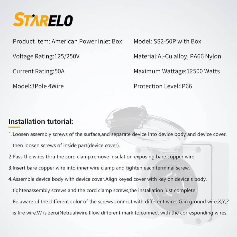 STARELO 50 Amp Generator Power Inlet Box NEMA SS2-50P,125/250 Volt 12500W, Outdoor dustproof and Weatherproof for generators, Welding Machines, etc.ETL Listed.(NEMA SS2-50P Box)