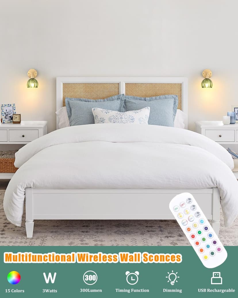 Vintage Battery Operated Wall Sconce with Green Tulip Glass Lampshade Wireless Rechargeable Battery Powered Wall Light with Remote Control for Bedside Bedroom Doorway, Set of 2