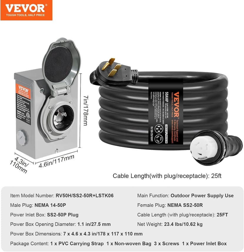 VEVOR 50 Amp Generator Cord and Power Inlet Box Kit, 25FT Generator Extension Cord NEMA 14-50P/SS2-50R STW 6/3+8/1 AWG with Twist Lock Connector, Pre-Drilled Inlet Box, ETL Listed