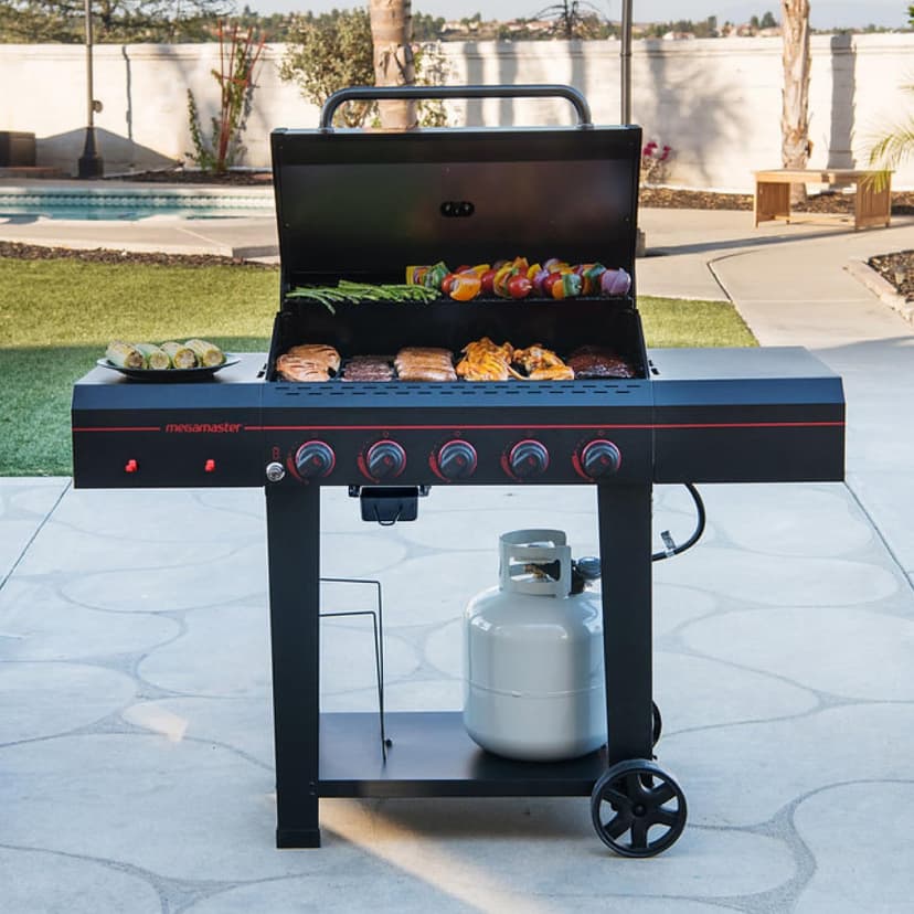 720-0982 5 Burner Propane Barbecue Gas Grill, Side Shelves with Hooks, for Outdoor Cooking, Patio, Garden Barbecue Grill, 50000 BTUs, Open Chart, Black