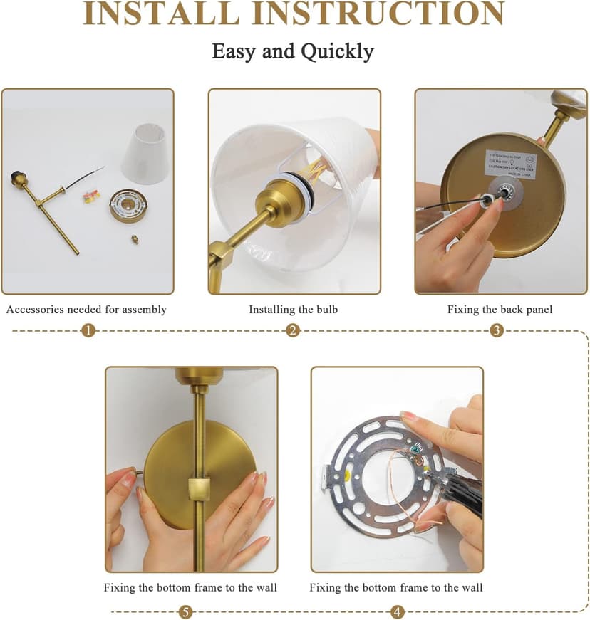 Bsmathom Wall Sconces Sets of 2, Classic Brushed Brass Sconces Wall Lighting, Hardwired Bathroom Vanity Light Fixture with Fabric Shade for Bedroom Living Room Hallway Kitchen, Gold