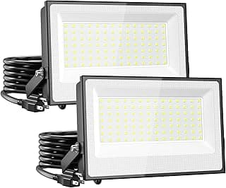 Onforu 100W Flood Lights Outdoor, 9000lm Bright LED Work Light with Plug, 6500K Daylight White LED Flood Lighting, IP66 Waterproof Security Yard Lights for Yard Garage Stadium 2 Pack