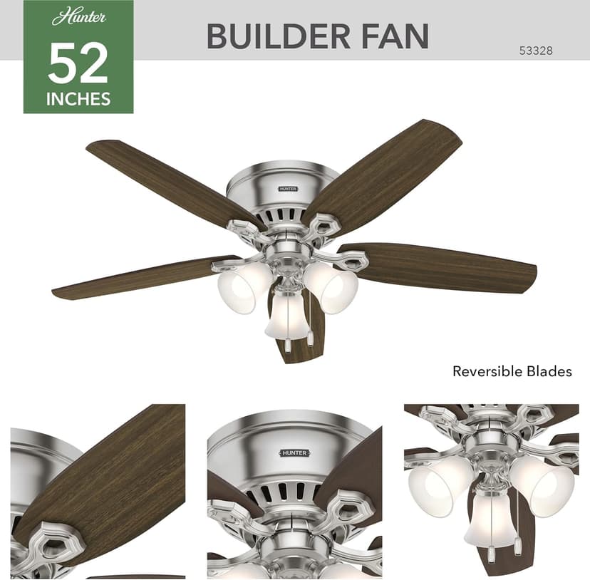 Hunter Fan Company, 53328, 52 inch Builder Brushed Nickel Low Profile Ceiling Fan with LED Light Kit and Pull Chain