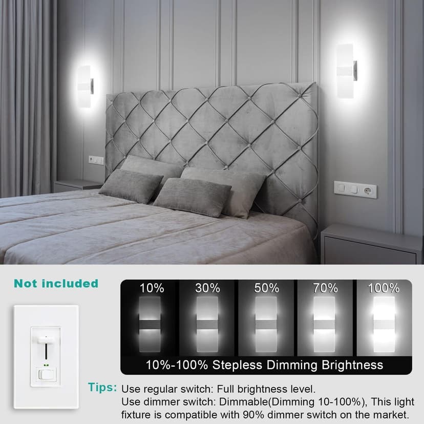 TRLIFE Modern Wall Sconces, Dimmable Wall Sconces Set of 2 Wall Mounted Lights 12W 6000K Cool White Hardwired Wall Sconce Lighting for Bedroom Bedside Living Room Stairway Hotel(2 Pack)
