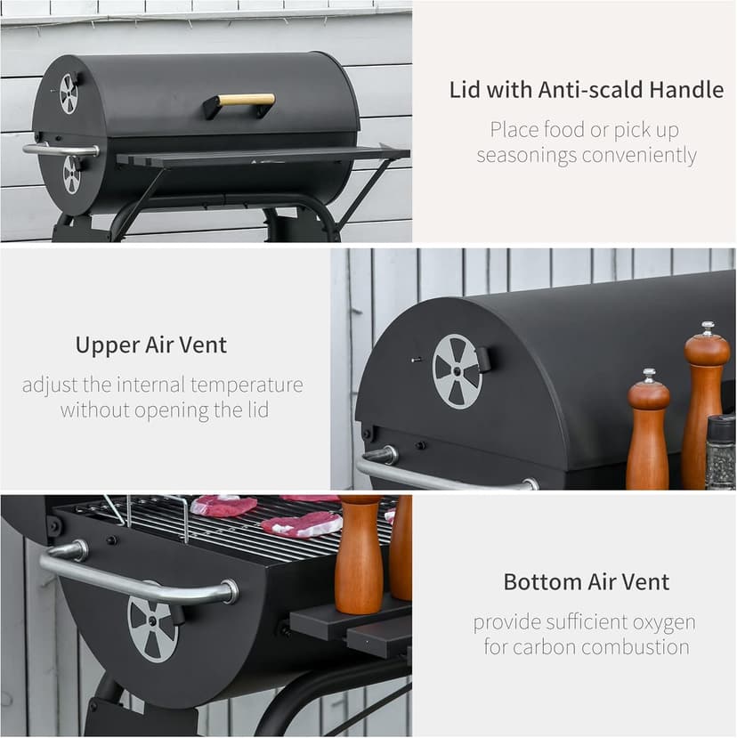 Outsunny 30" Portable Barrel Charcoal BBQ Grill, Steel Outdoor Barbecue Smoker with 370 Square Inches Cooking Space, Storage Shelf, Wheels for Garden Camping Picnic, Black