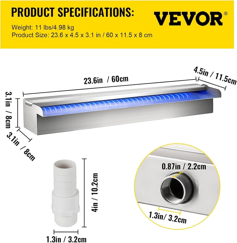 VEVOR Pool Fountain Stainless Steel, Pool Waterfall 23.6" x 4.5" x 3.1"(W x D x H) with LED Strip Light, Waterfall Spillway Rectangular Garden Outdoor