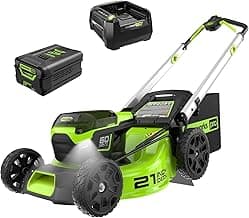 Greenworks 60V 21” Cordless (Push) Lawn Mower (LED Lights + Aluminum Handles), 5.0Ah Battery and Rapid Charger