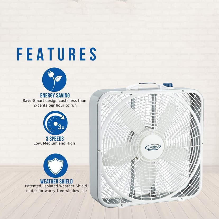 Lasko Weather-Shield Performance Box Fan, 3 Speeds, Innovative Wind Ring System for Up to 30% More Air, Carry Handle for Bedroom, Office, Home, 20 Inch, White, 3720