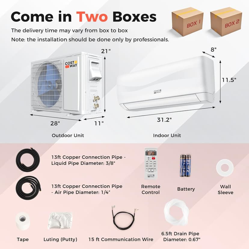 COSTWAY 9000BTU Mini Split Air Conditioner& Heater, 17 SEER2 208-230V Wall-Mounted Ductless AC Unit Cools Rooms up to 450 Sq. Ft, Energy Efficient Inverter AC with Heat Pump (Blast Series)