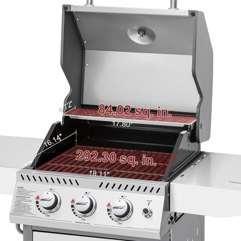 Royal Gourmet GG3001S 3 Burner Propane Gas Grill with Warming Rack, Stainless Steel Cabinet Style Gas Grill with 25,500 BTUs Output for Barbecue Grilling & Backyard Cooking, Silver