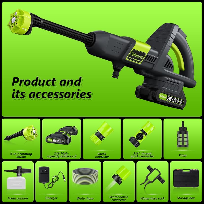 Cordless Pressure Washer, 1070PSI Portable Power Washer with 2 x 3.0Ah Battery, 6-in-1 Nozzle, 3 Speed Adjustment LCD Touch Screen, Handheld High-Pressure Electric Washer for Car/Fence/Floor/Patio