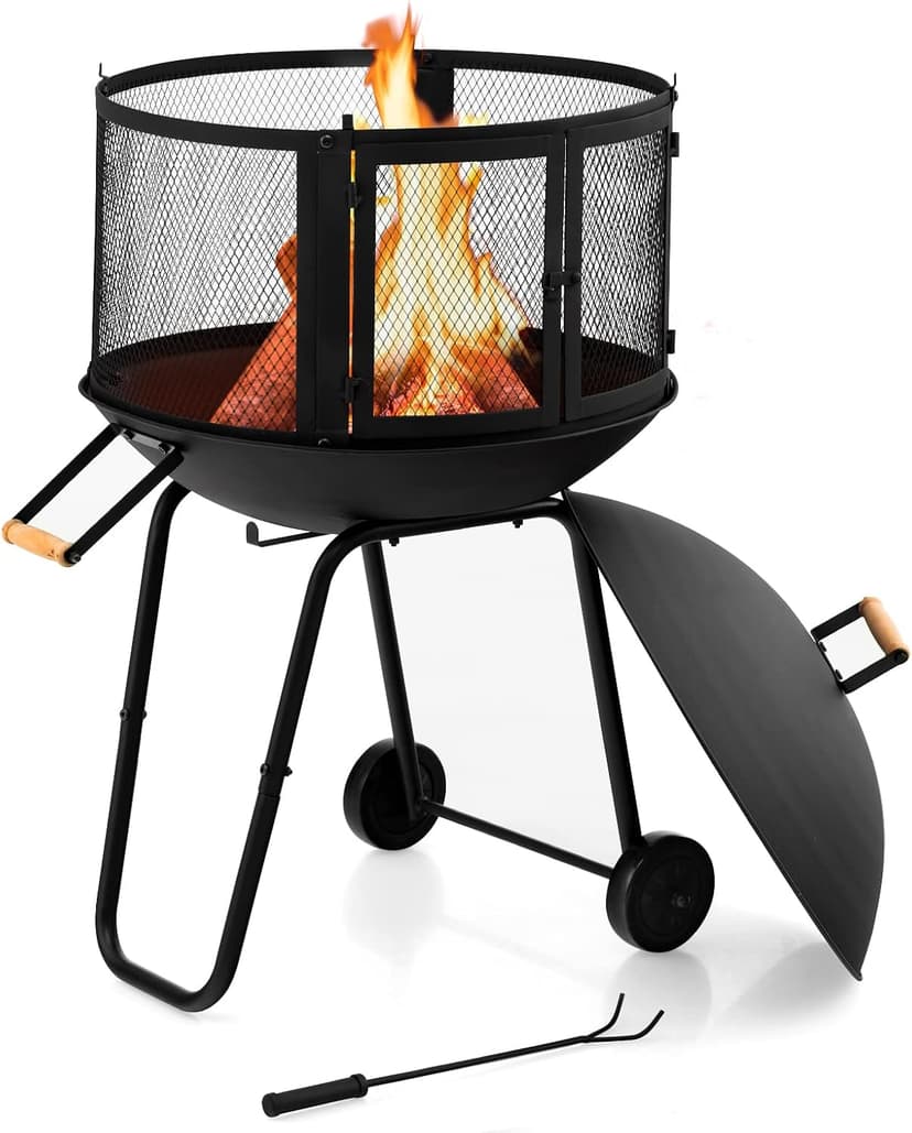 Giantex 28" Portable Fire Pit on Wheels, Outdoor Mobile Wood Burning Firepit w/Log Grate, Fire Poker, Heavy-Duty Steel Frame & Solid Metal Top, 2-Door Gate, Rolling Fire Pits for Entertaining Camping