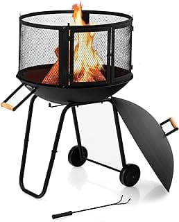 Giantex 28" Portable Fire Pit on Wheels, Outdoor Mobile Wood Burning Firepit w/Log Grate, Fire Poker, Heavy-Duty Steel Frame & Solid Metal Top, 2-Door Gate, Rolling Fire Pits for Entertaining Camping