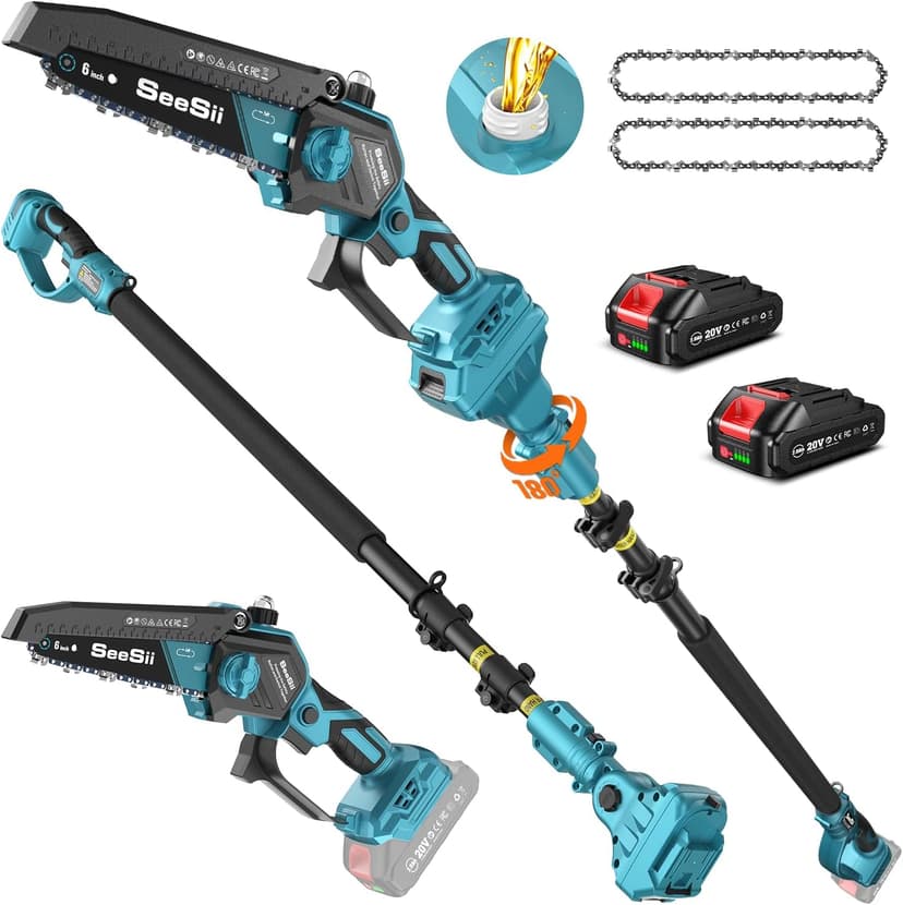 Seesii PS620 2-in-1 Electric Pole Saws: 6 Inch Mini Chainsaw Cordless with Extension Pole, 2Pcs Batteries, Brushless Chain Saw for Limb Branch Cutter, Battery Tree Trimmers Pruner,16Ft Long Reach