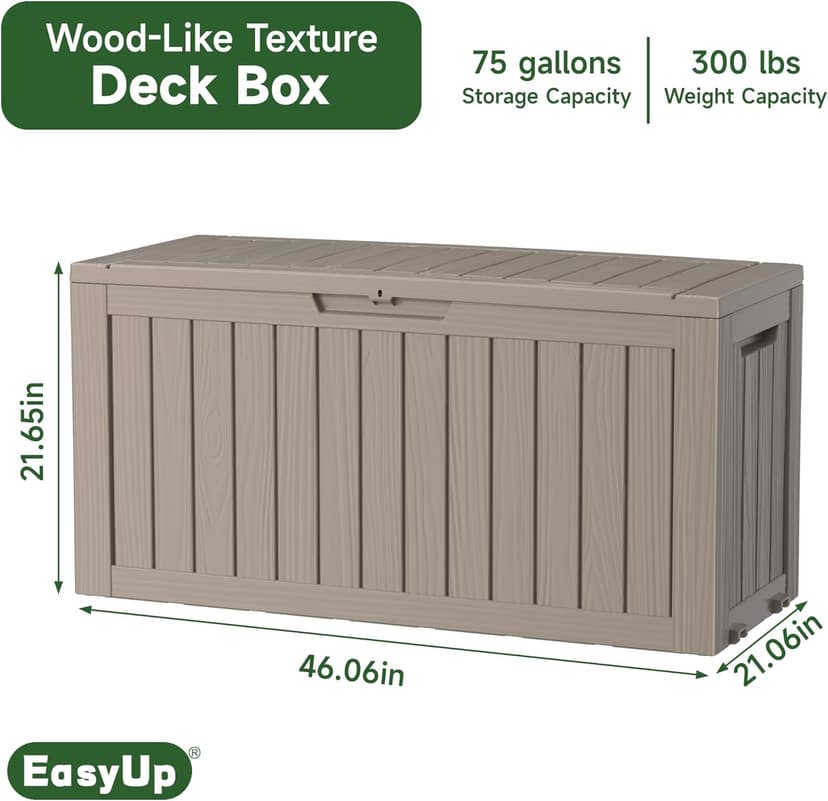 75 Gallon Outdoor Storage Box, Resin Waterproof UV-Resistant Deck Box, Reinforced Stability for Patio, Garden, and Poolside, Striped Beige