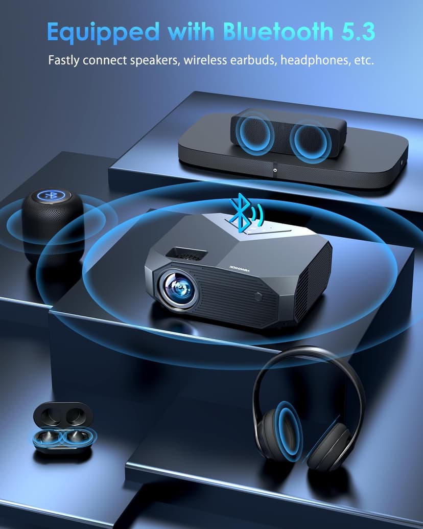YOWHICK 4K Projector with WiFi and Bluetooth, 20000L Native 1080P Outdoor Portable Movie Projector, Smart Video Projector, 50% Zoom/400" Display, Compatible with HDMI/USB/PC/TV/PS5/DVD/Android/iOS