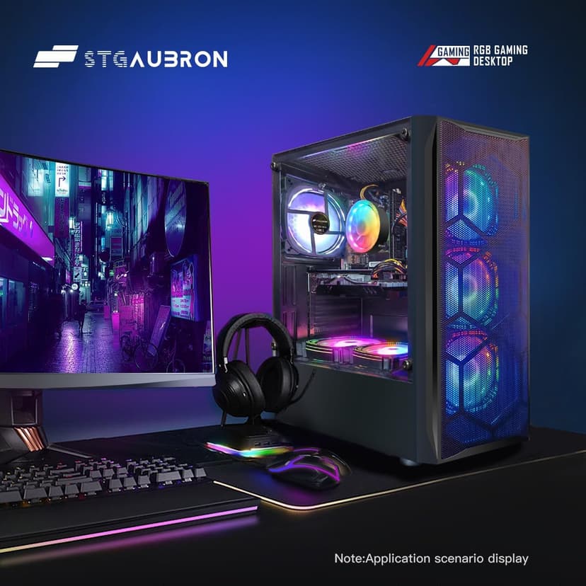STGAubron Gaming PC Bundle with 24Inch FHD LED Monitor-Intel core I7 up to 3.9G, RX 580 8G, 16G, 512G SSD, RGB Mouse Pad, RGB Sound Bar, Windows 10 Home
